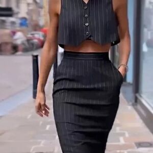 Commense Black Pinstripe Pencil Skirt